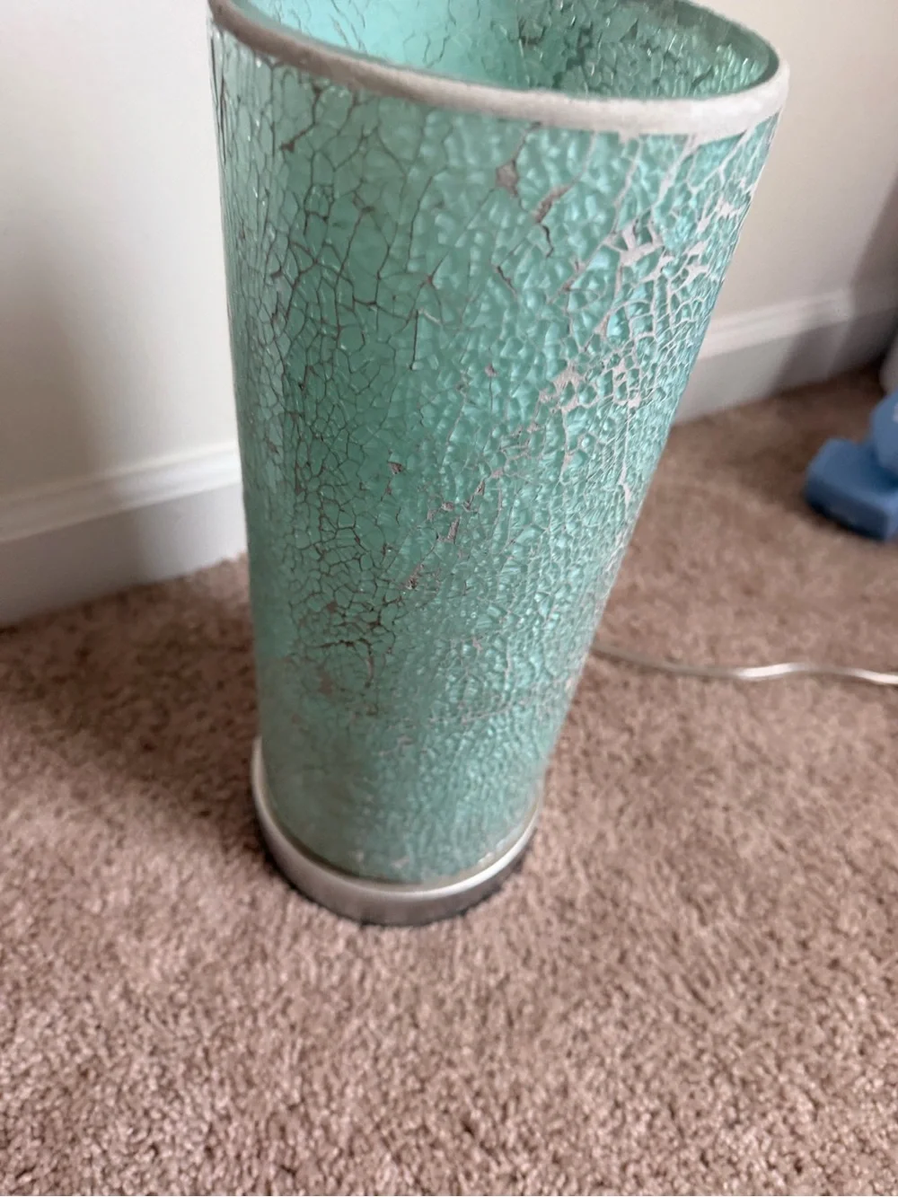 Turquoise Aqua Crackle Glass Cylinder Table Lamp Mid Century Style Light 13